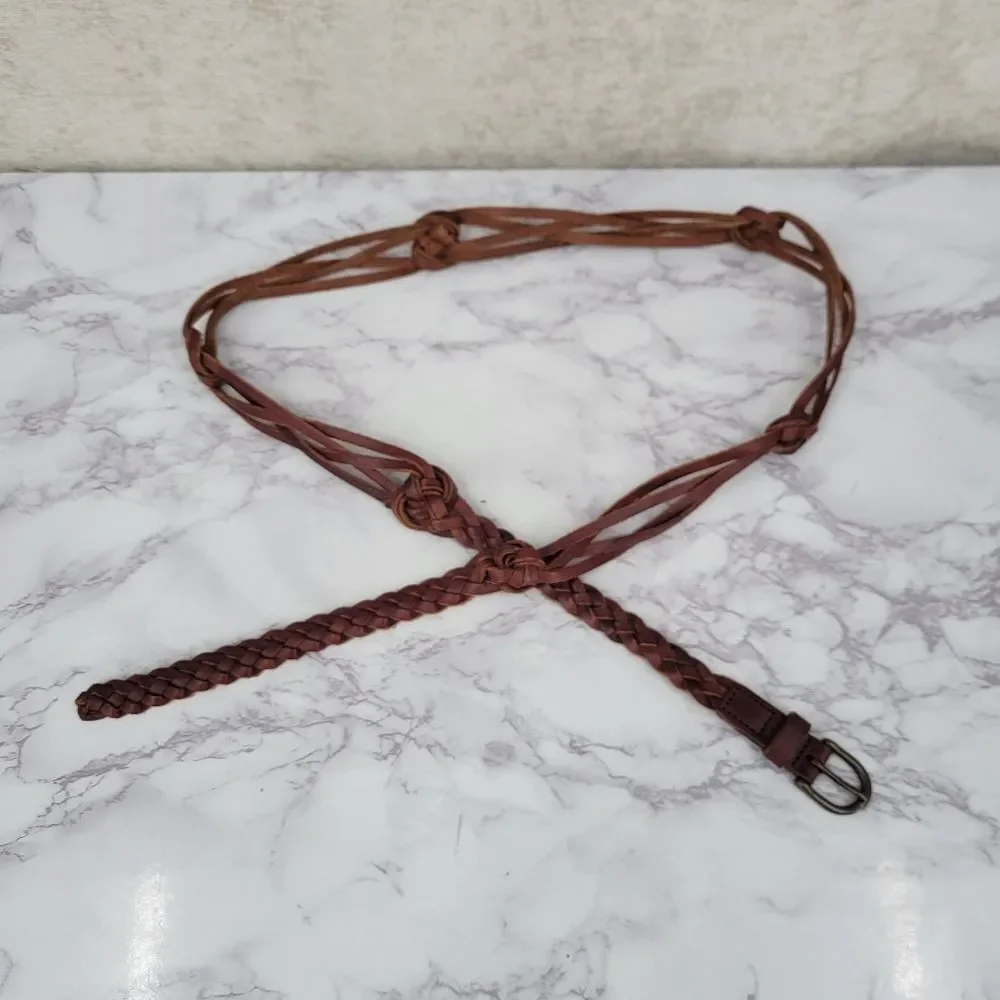 Vintage Plus Size Braided Brown Leather Belt Boho Waist 43-51